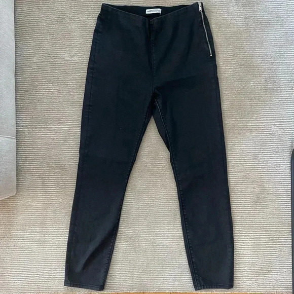 Zara High Waisted Pull On Zipper Zip Side Black Stretch Straight Skinny Jeans L - Picture 1 of 11